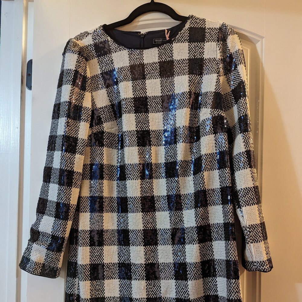 Vineyard Vines Navy and White Sequin Gingham Dress Size Small